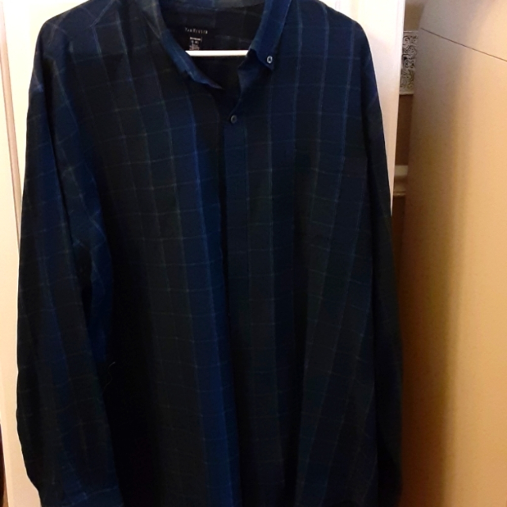 Van Heusen navy blue teal checked button down collar long sleeve shirt XXL EUC …